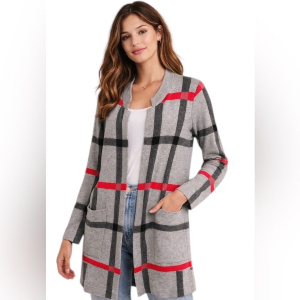 Tahari Plaid Cardigan Gray Red Open Front Sweater Medium Chic